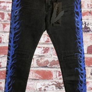 New Men Valabasas Blue Flames Black Denim Slim Skinny Jeans 36x31